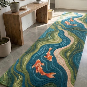 May include: A long, rectangular rug featuring a koi pond design. The rug has a blue background with green and beige accents, depicting water and aquatic plants. Several orange koi fish are swimming throughout the design. The rug is placed on a gray floor.