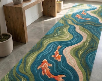 Hand Tufted Koi Fish Runner Rug | Japanese Pond Hallway Carpet | Blue Green Wool Runner | Entryway & Corridor Rug