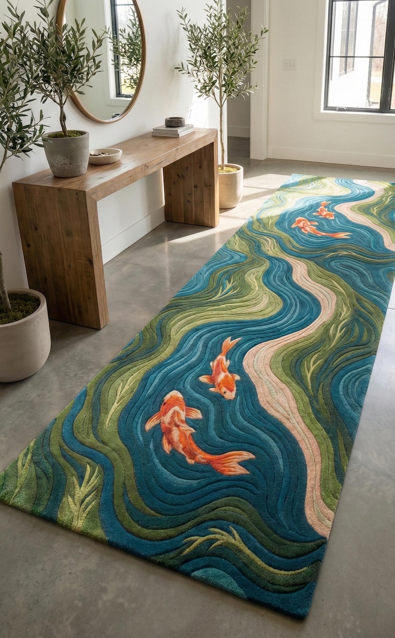 May include: A long, rectangular rug featuring a koi pond design. The rug has a blue background with green and beige accents, depicting water and aquatic plants. Several orange koi fish are swimming throughout the design. The rug is placed on a gray floor.
