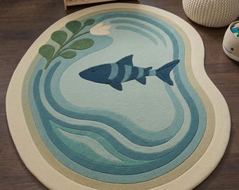 Handmade Tufted Fish Rug | Ocean Pond, Modern Coastal Style