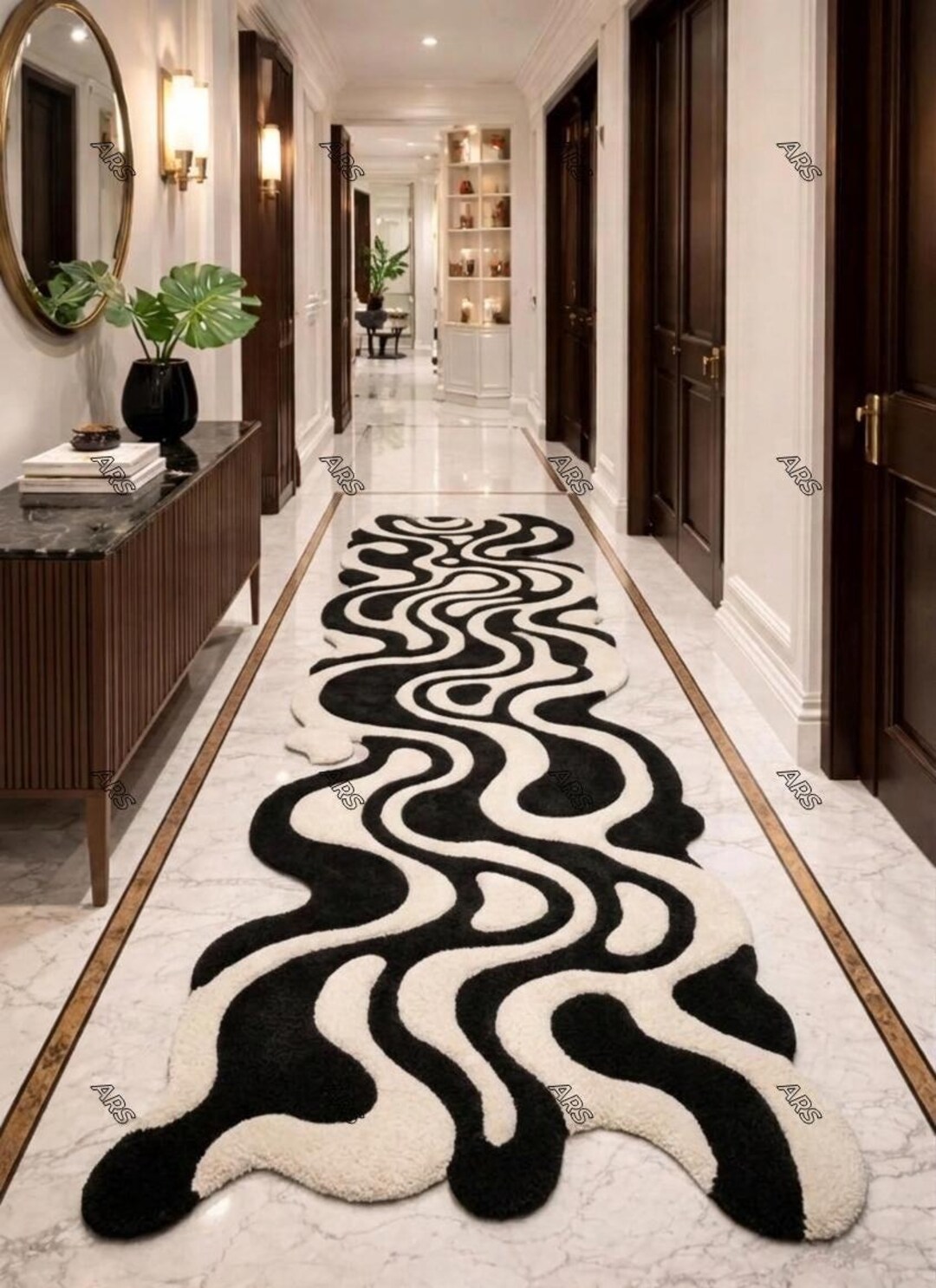 Unique Shape Runner Rug Abstract Wavy Runner Rug | Black White Modern Rug | Irregular Shape ...