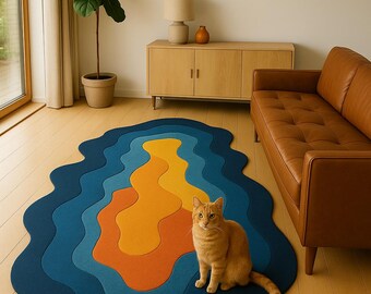 Alfombra ondulada de lana hecha a mano: moderna alfombra abstracta en azul, naranja y amarillo