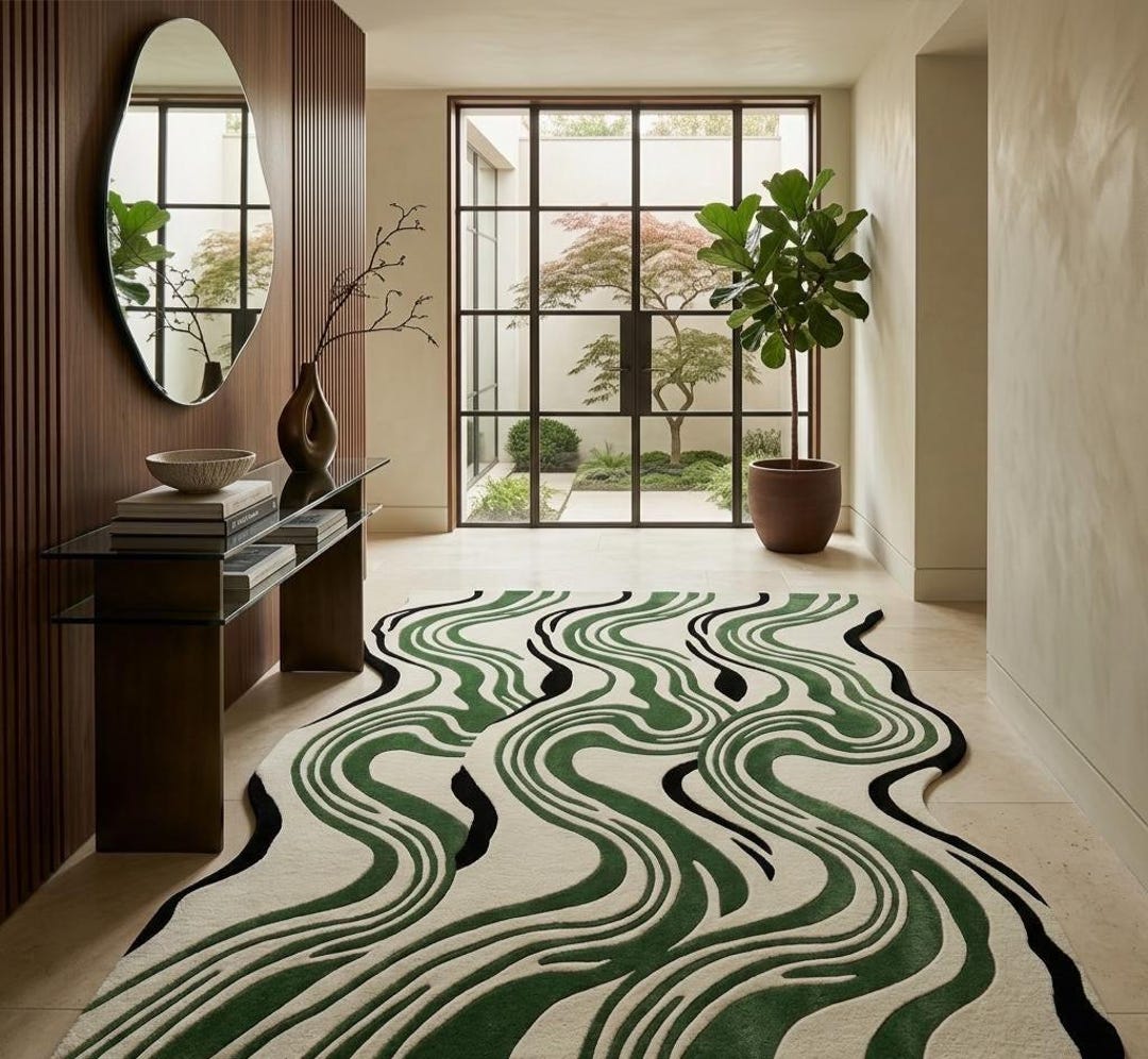 Green Abstract Rug | Modern Wavy Pattern Carpet | Organic Fluid Design ...