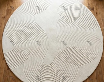 Handmade Round Modern Rug | Sculpted Ivory Wool Area Rug | Minimal Textured Carpet | Custom Size Luxury Designer Rug