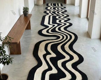 Handmade Black & White Wavy Runner Rug | Modern Tufted Hallway Carpet