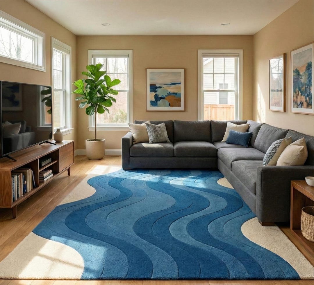 Hand Tufted Wool Rug | Modern Abstract Blue Ocean Wave Carpet - Etsy