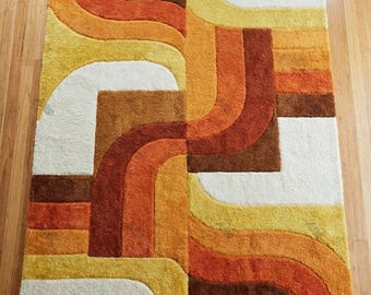 Retro Rug | Hand Tufted Rug | 70s Mid Century Modern Teppich | Mustard Orange Geometric Area Rug | Groovy Rug | MCM Rug | Vintage Rug | Rugs