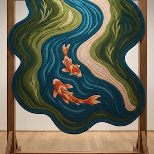 Tappeto con pesci koi fatto a mano / Tappeto con motivo a laghetto ondulato / Tappeto giapponese in stile zen / Tappeti colorati trapuntati per soggiorno, camera da letto e spazio per la meditazione immagine 2