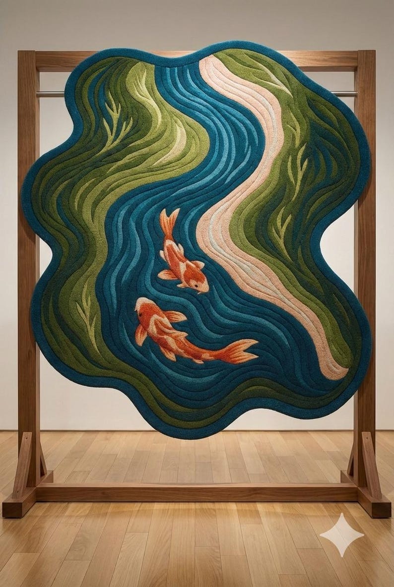 Tappeto con pesci koi fatto a mano / Tappeto con motivo a laghetto ondulato / Tappeto giapponese in stile zen / Tappeti colorati trapuntati per soggiorno, camera da letto e spazio per la meditazione immagine 2
