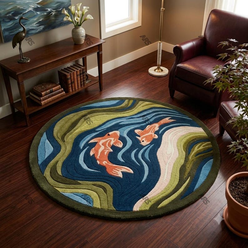 Round Koi Fish Rug, Handmade Tufted Wool Area Rug, Japanese Pond Carpet, Zen Water Rug, Luxury Round Living Room Rug, New Zealand Wool Rug image 3