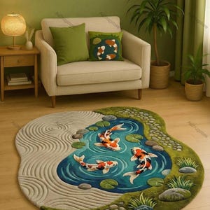 May include: A circular rug with a koi pond design. The rug depicts a blue pond with three koi carp in orange, white, and black. It also features a grey sand garden and green grass and stone details.