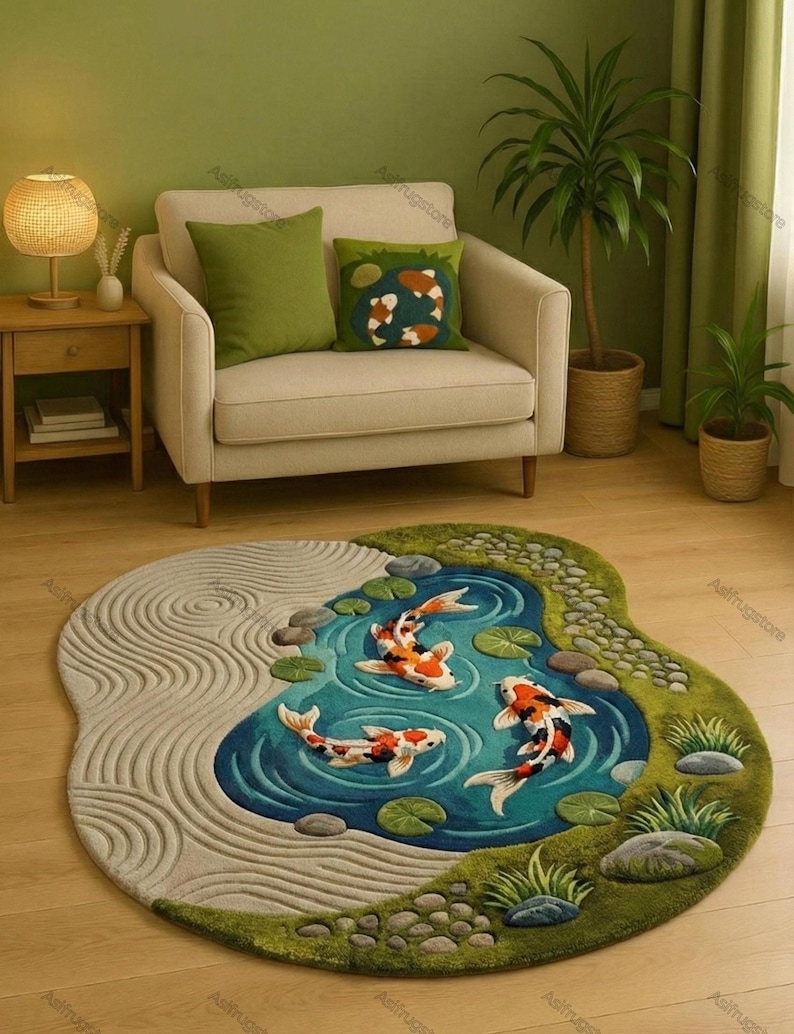 May include: A circular rug with a koi pond design. The rug depicts a blue pond with three koi carp in orange, white, and black. It also features a grey sand garden and green grass and stone details.