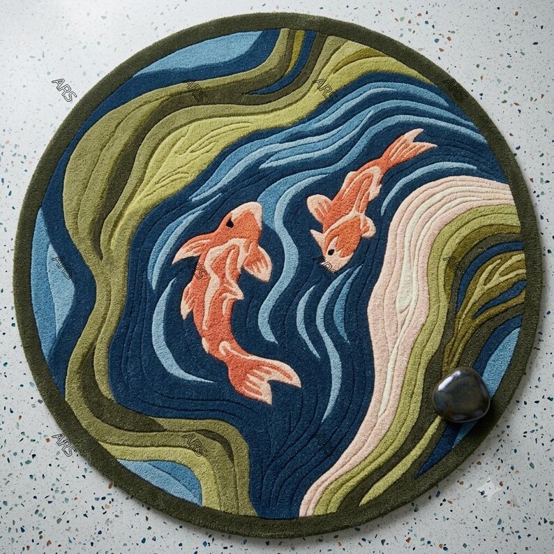 Round Koi Fish Rug, Handmade Tufted Wool Area Rug, Japanese Pond Carpet, Zen Water Rug, Luxury Round Living Room Rug, New Zealand Wool Rug image 2