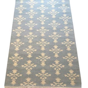 Handmade Blue & Ivory Kilim Rug | Flatweave Wool Carpet | Modern Geometric Area Rug | Scandinavian Boho Style Living Room and Bedroom Décor