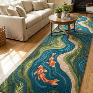 May include: A rectangular area rug with a koi fish design. The rug features a blue, green, and beige water pattern with two orange koi fish. The rug is placed on a hardwood floor in a living room setting.