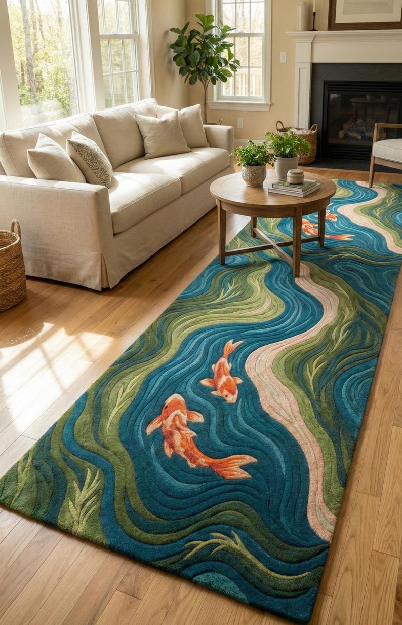 May include: A rectangular area rug with a koi fish design. The rug features a blue, green, and beige water pattern with two orange koi fish. The rug is placed on a hardwood floor in a living room setting.
