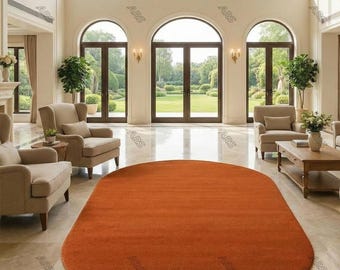 Luxury Solid Rust Orange Area Rug | Handmade Modern Round & Oval Rug | Custom Size Minimalist Living Room Carpet