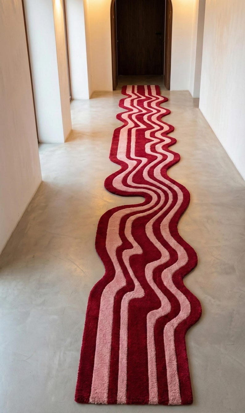 Red Wavy Rug Handmade Pink & Red Wavy Runner Rug | Modern Tufted Hallway Carpet - Etsy
