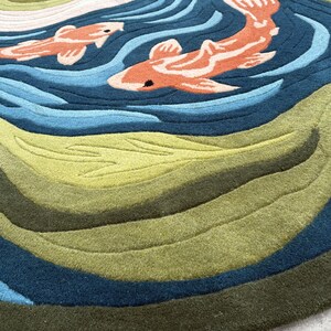 Handmade Koi Fish Rug | Wavy Pond Design Carpet | Japanese Zen Art Rug | Colorful Tufted Carpets for Living Room, Bedroom & Meditation Space