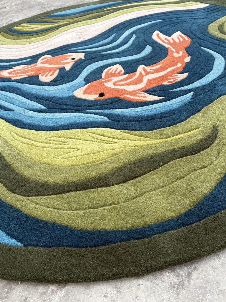 Handmade Koi Fish Rug | Wavy Pond Design Carpet | Japanese Zen Art Rug | Colorful Tufted Carpets for Living Room, Bedroom & Meditation Space