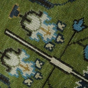Hand-Knotted Wool Oushak Rug: 9x13 Green Botanical Oriental Carpet