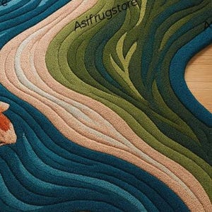 Pu&ograve; includere: Primo piano di un tappeto colorato con un motivo di acqua corrente. Il tappeto presenta sfumature di verde acqua, verde, beige e arancione, con una forma a pesce. Il design ricorda uno stagno di koi.