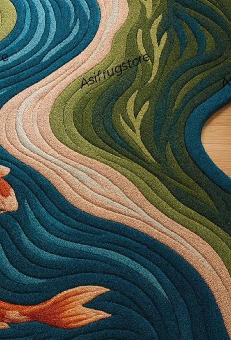 Pu&ograve; includere: Primo piano di un tappeto colorato con un motivo di acqua corrente. Il tappeto presenta sfumature di verde acqua, verde, beige e arancione, con una forma a pesce. Il design ricorda uno stagno di koi.
