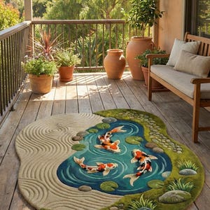 May include: A circular rug with a koi pond design. The rug shows a blue pond with three koi carp, green lily pads, and a border of green grass and stones. It also has a beige sand garden pattern.