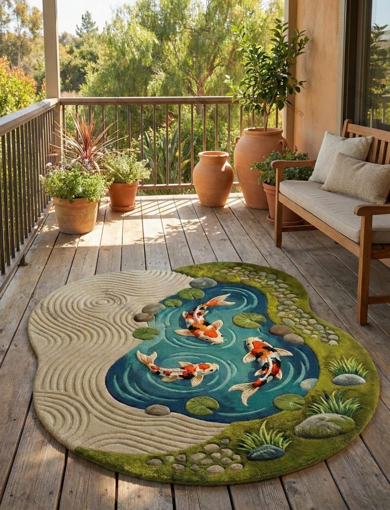 May include: A circular rug with a koi pond design. The rug shows a blue pond with three koi carp, green lily pads, and a border of green grass and stones. It also has a beige sand garden pattern.