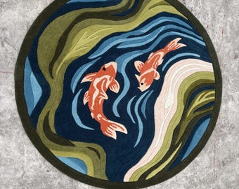 Handmade Koi Fish Rug | Wavy Pond Design Carpet | Japanese Zen Art Rug | Colorful Tufted Carpets for Living Room, Bedroom & Meditation Space