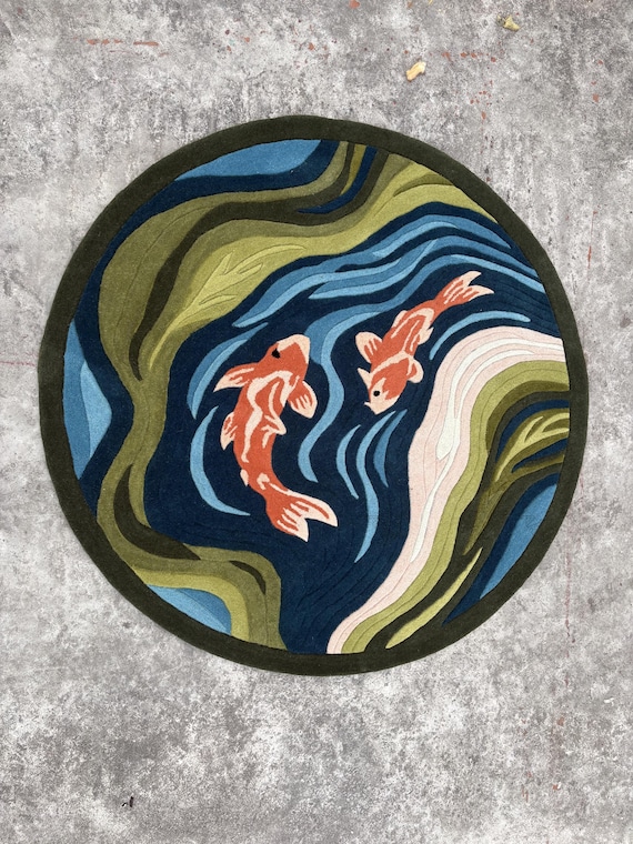 Round Koi Fish Rug, Handmade Tufted Wool Area Rug, Japanese Pond Carpet, Zen Water Rug, Luxury Round Living Room Rug, New Zealand Wool Rug