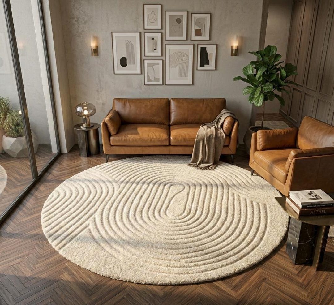 Textured Neutral Round Rug Round Textured Area Rug | Sculpted Neutral Cream Carpet | Modern ...
