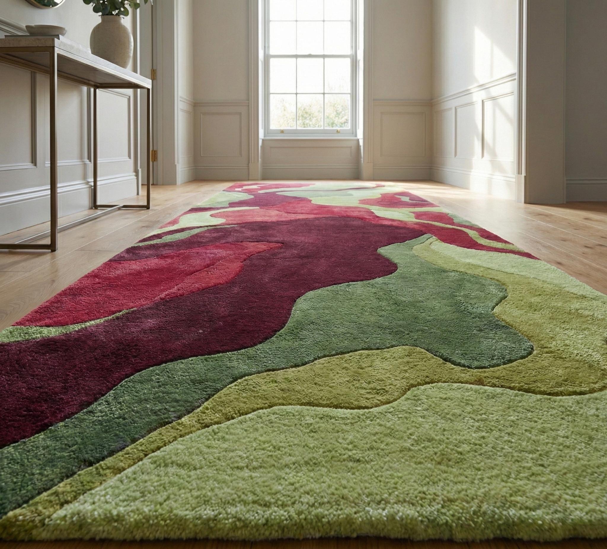 Abstract Runner Rug Hand Tufted Wool | Modern Red Green Hallway Carpet ...