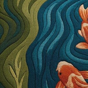 Pu&ograve; includere: Primo piano di un tappeto con un design a laghetto di carpe koi. Il tappeto presenta un motivo a flusso di tonalit&agrave; blu, verdi e arancioni. Due pesci koi arancioni con accenti bianchi nuotano nell'acqua blu. Il design include un'area verde e fogliosa.