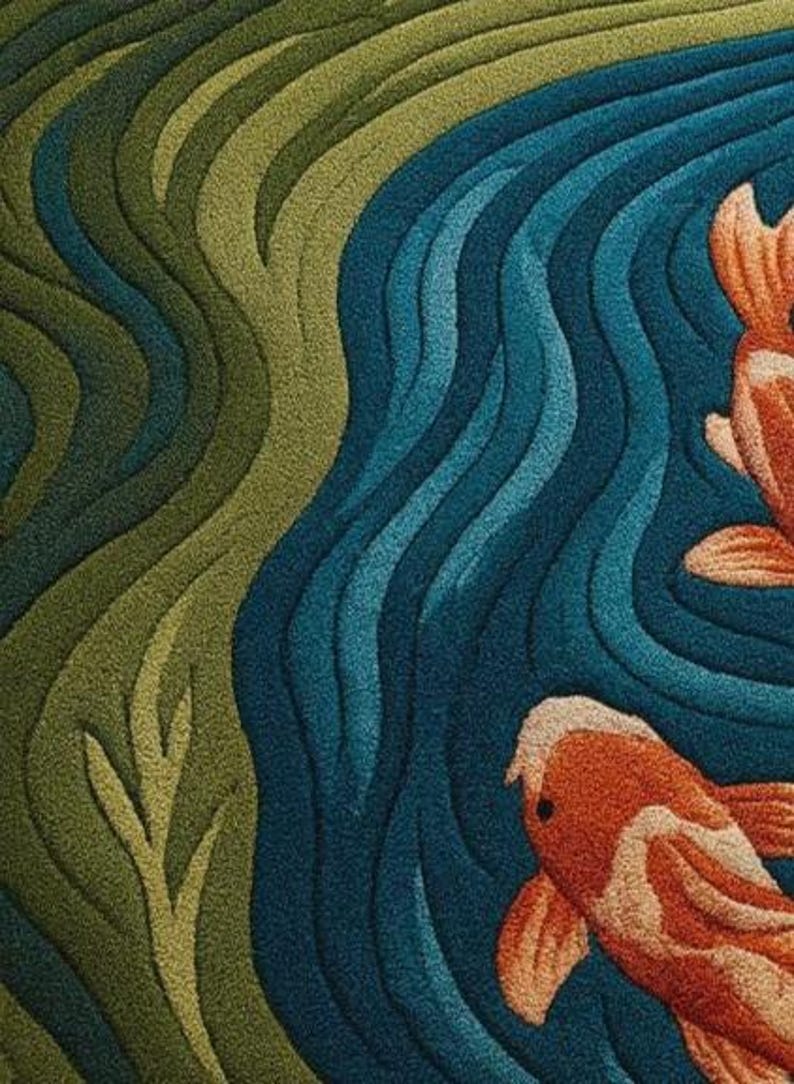 Pu&ograve; includere: Primo piano di un tappeto con un design a laghetto di carpe koi. Il tappeto presenta un motivo a flusso di tonalit&agrave; blu, verdi e arancioni. Due pesci koi arancioni con accenti bianchi nuotano nell'acqua blu. Il design include un'area verde e fogliosa.