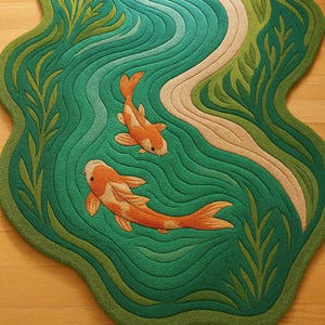 Handmade Koi Fish Shaped Rug 3D Textured Water Pond Carpet Japanese Style Home Decor, Green and Orange Accent Mat for Living Room or Bedroom