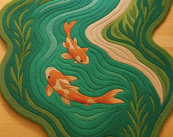Tappeto fatto a mano a forma di pesce koi, tappeto con trama tridimensionale per laghetto, arredamento per la casa in stile giapponese, tappeto decorativo verde e arancione per soggiorno o camera da letto