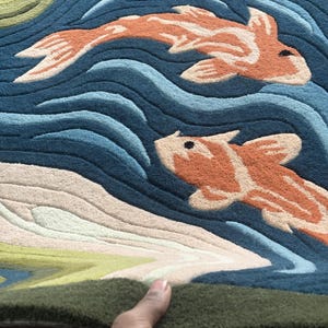 Handmade Koi Fish Rug | Wavy Pond Design Carpet | Japanese Zen Art Rug | Colorful Tufted Carpets for Living Room, Bedroom & Meditation Space