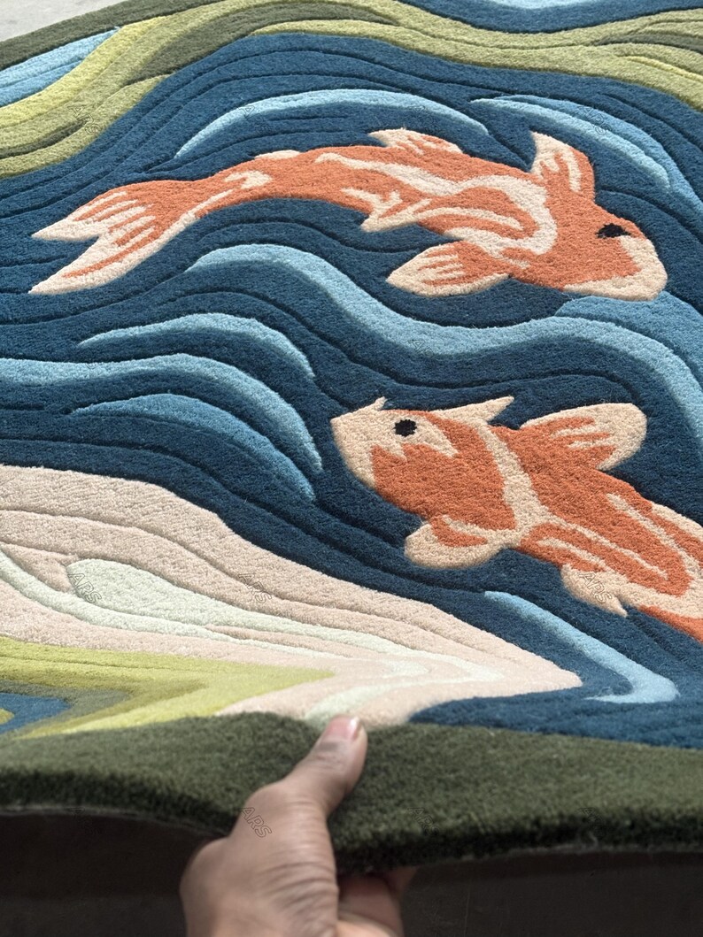 Handmade Koi Fish Rug | Wavy Pond Design Carpet | Japanese Zen Art Rug | Colorful Tufted Carpets for Living Room, Bedroom & Meditation Space