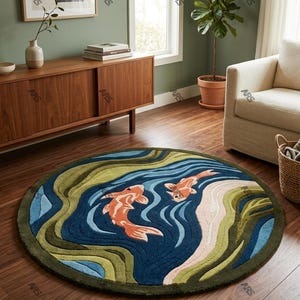 Round Koi Fish Rug, Handmade Tufted Wool Area Rug, Japanese Pond Carpet, Zen Water Rug, Luxury Round Living Room Rug, New Zealand Wool Rug image 4