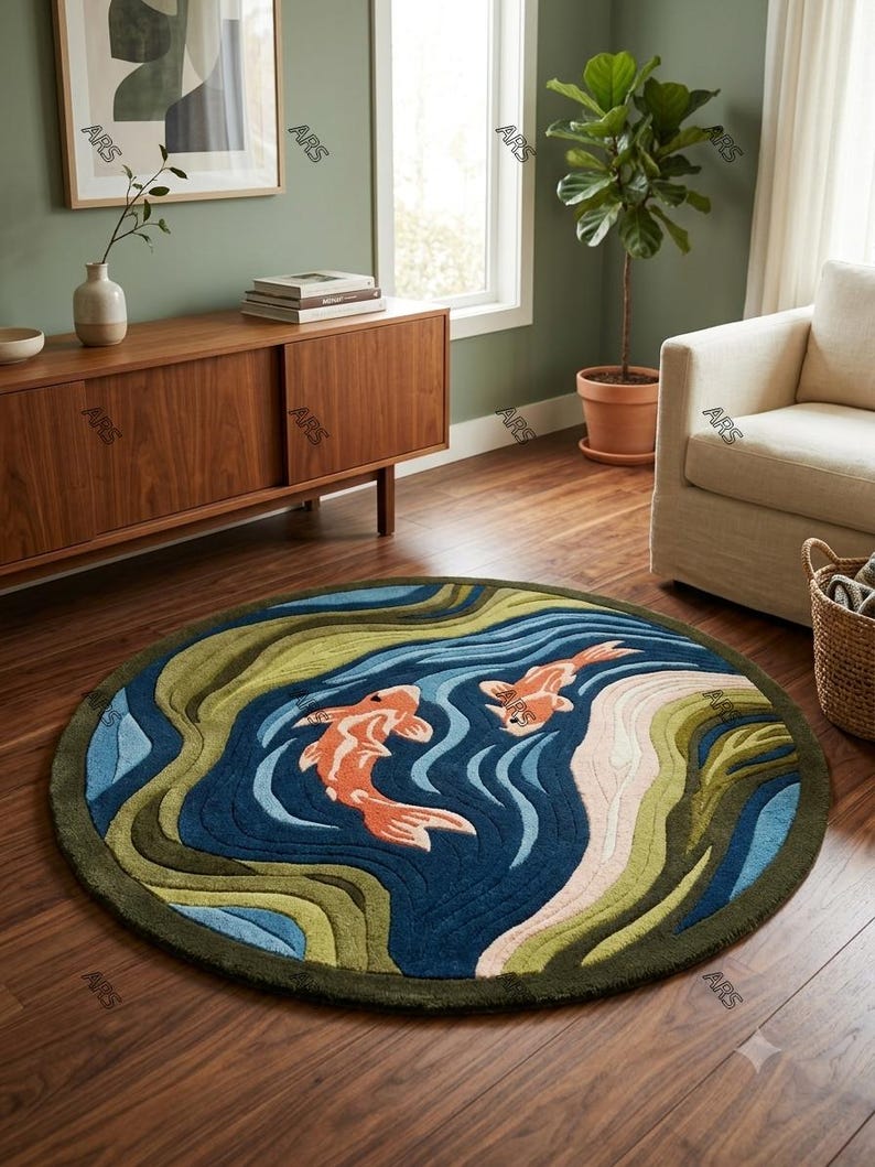 Round Koi Fish Rug, Handmade Tufted Wool Area Rug, Japanese Pond Carpet, Zen Water Rug, Luxury Round Living Room Rug, New Zealand Wool Rug image 4