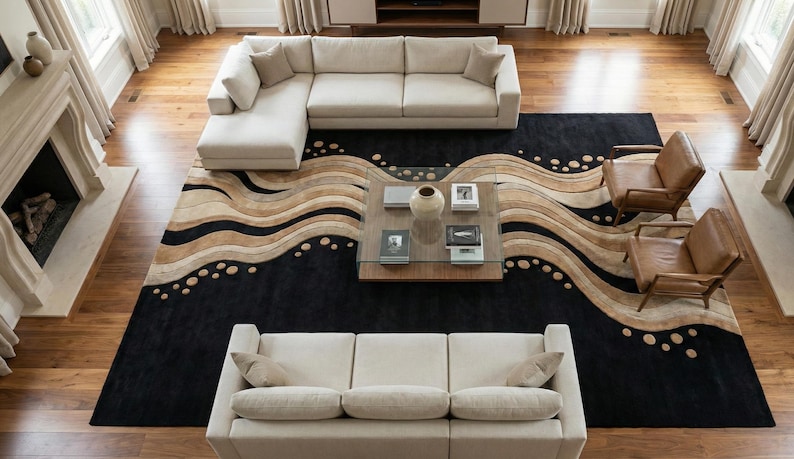 Modern Black Abstract Rug | Hand Tufted Wool Area Rug | 3D Carved ...