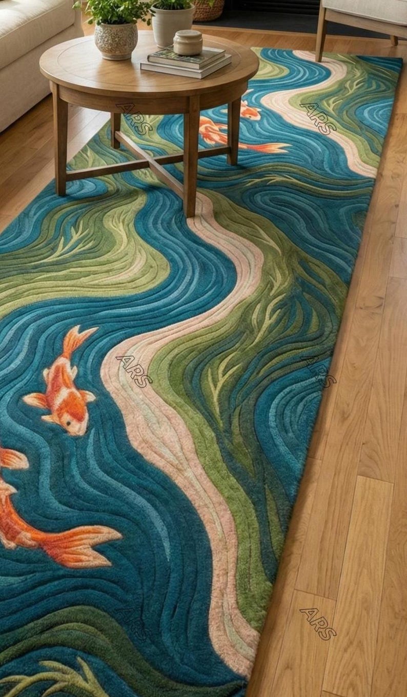 May include: A rectangular area rug with a koi fish design. The rug features a blue, green, and beige water pattern with orange and white koi fish. The rug is placed on a hardwood floor, with a wooden table in the background.