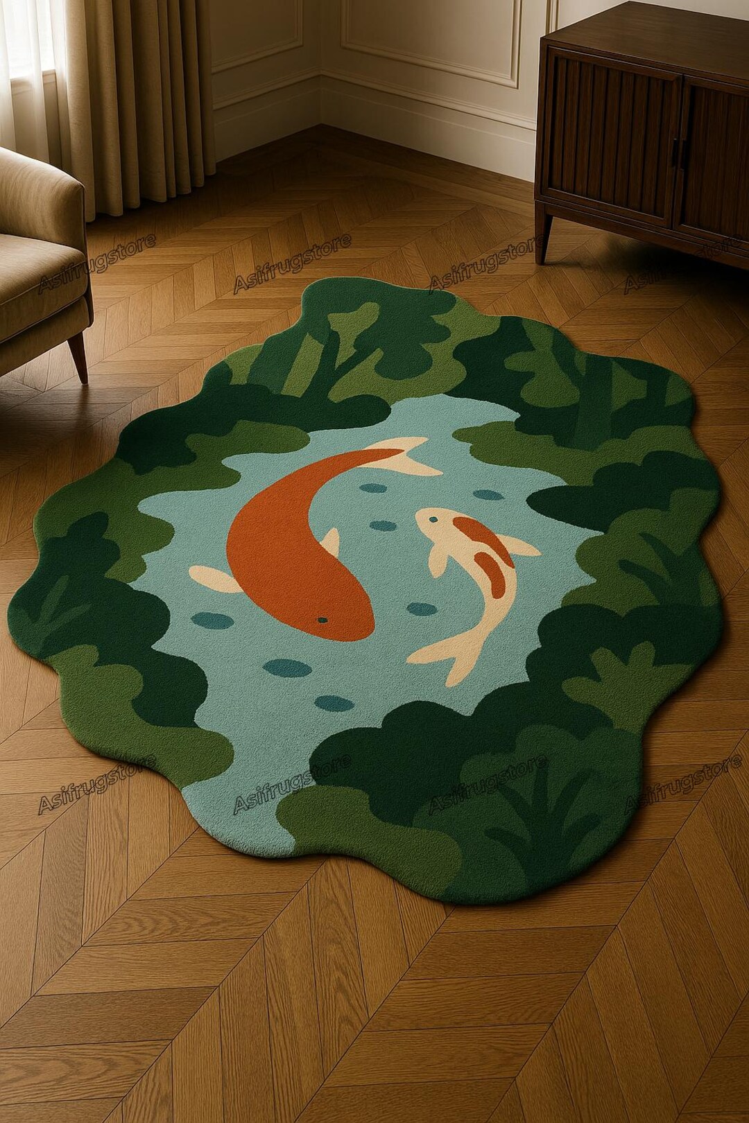 Koi Fish Pond Rug | Irregular Shape Nature Carpet | Handmade Tufted Rug ...