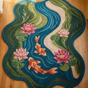 Handmade Koi Fish Wool Rug | 3D Pond Design