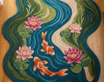 Alfombra de lana hecha a mano con diseño de peces koi / Diseño de estanque en 3D