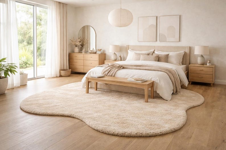 Irregular Shape Solid Beige Rug | Handmade Plush Area Rug | Modern ...