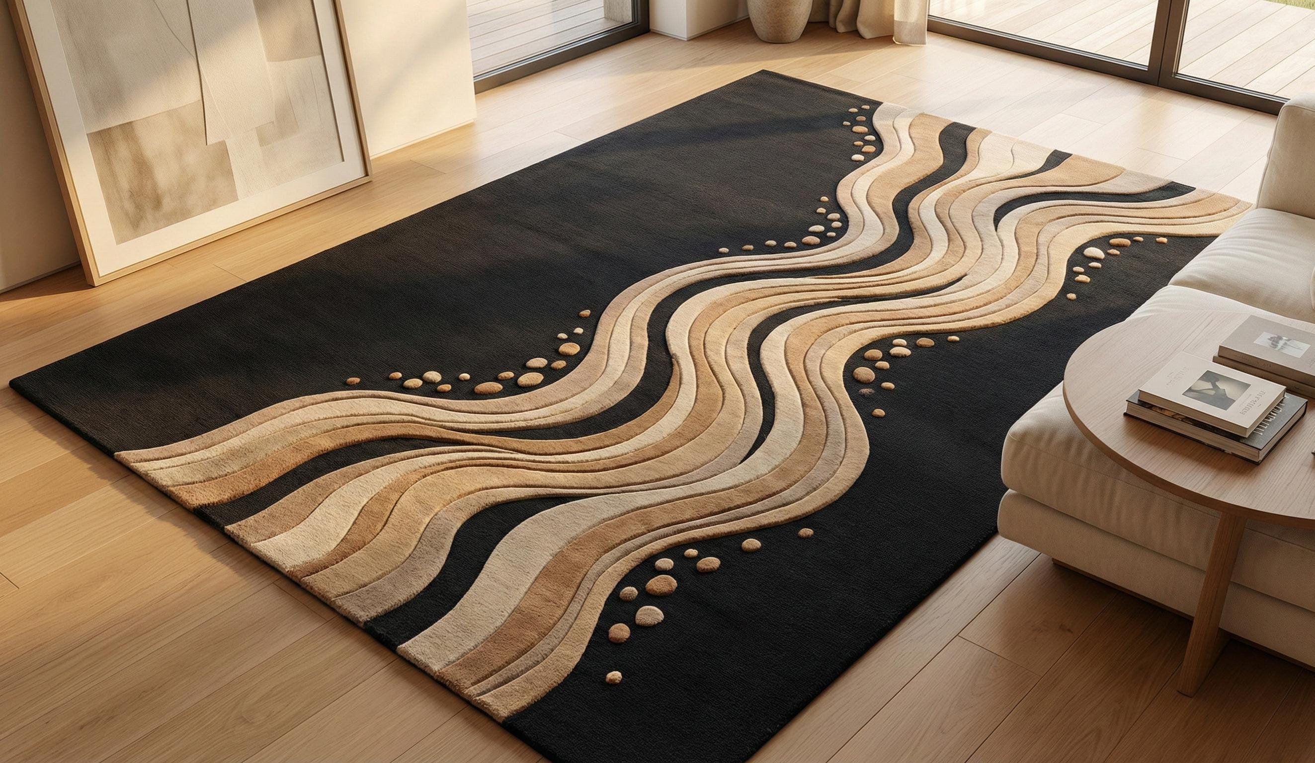 Modern Black Abstract Rug | Hand Tufted Wool Area Rug | 3D Carved ...