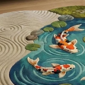 May include: Circular rug depicting a Japanese garden scene. It shows a sand garden with swirling patterns, a pond with koi carp, lily pads, and stones. The koi are white, orange, and black.