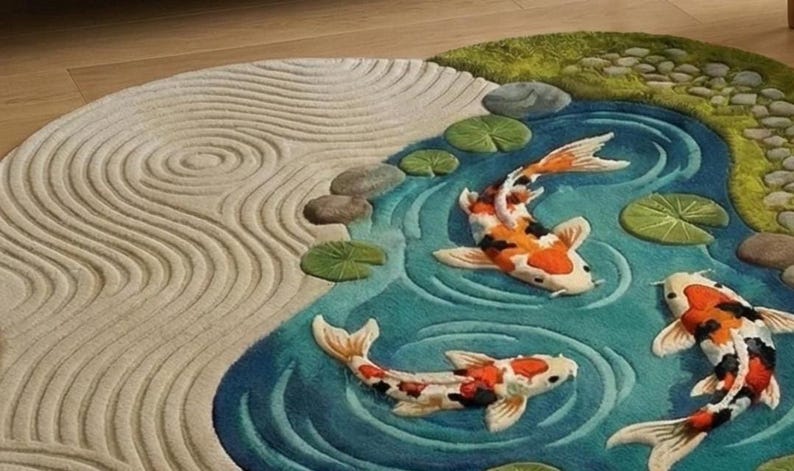 May include: Circular rug depicting a Japanese garden scene. It shows a sand garden with swirling patterns, a pond with koi carp, lily pads, and stones. The koi are white, orange, and black.